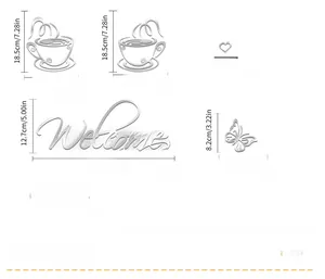 Detailed dimension chart for acrylic coffee cup mirror wall decals with specific sizes