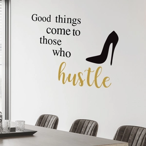 Inspirational wall sticker with high heels silhouette and golden hustle lettering