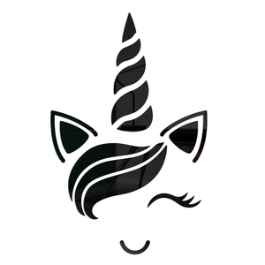 Detail of a minimalist black unicorn wall sticker with a glossy acrylic mirror finish