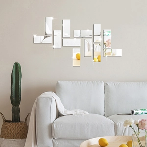 DIY acrylic mirror wall stickers with rectangular reflective strips for living room decor