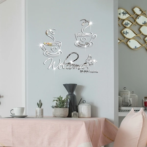 Macro detail of acrylic coffee cup mirror wall stickers with Welcome text on grey wall