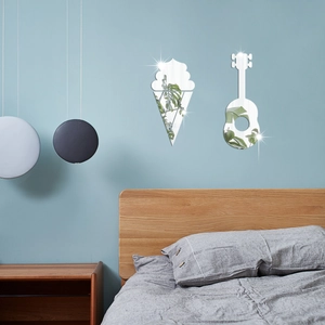 Detailed mirror view of acrylic ice cream and ukulele wall stickers in a bedroom setting