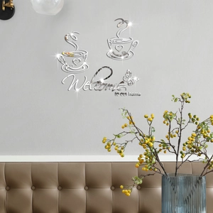 Silver acrylic mirror wall sticker with coffee cup design and Welcome home text for kitchen