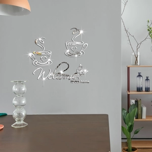Macro detail of acrylic mirror wall sticker with coffee cup and welcome text design