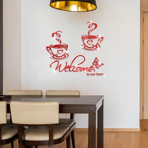 Detail of red acrylic coffee cup mirror wall stickers with 'Welcome' text for home decor