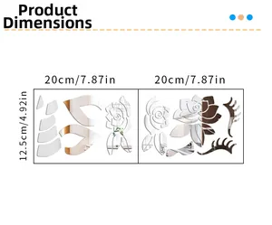 Detailed dimension guide for cute animal acrylic mirror wall stickers with floral leaf patterns