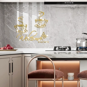 Golden acrylic mirror wall sticker with coffee cup and Welcome to our home text