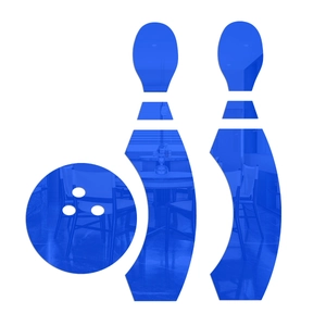 Macro view of blue acrylic mirror wall sticker showing high reflection of a bowling pin set