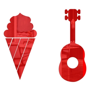 Macro detail of red acrylic mirror wall stickers in ice cream and guitar shapes