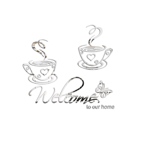 Mirror acrylic wall stickers featuring coffee cups and Welcome to our home text art