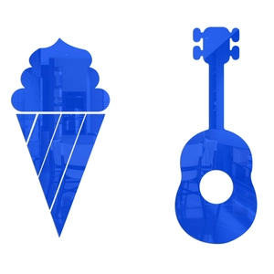 Detail view of blue acrylic mirror wall stickers in guitar and ice cream cone shapes
