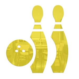 Detailed view of yellow bowling-shaped acrylic mirror stickers with reflective surface