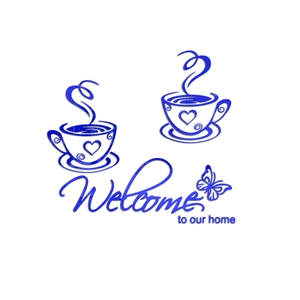 Blue acrylic mirror wall sticker featuring coffee cups and Welcome to our home text
