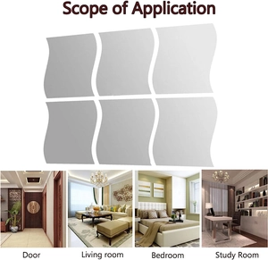 Detail of 6-piece wave-shaped acrylic mirror wall stickers in various home interior settings