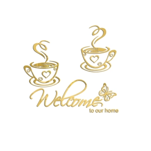 Detail of 3D gold acrylic mirror wall stickers featuring coffee cups and home text