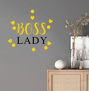 Modern Boss Lady PVC wall decal with yellow hearts on dark grey wall background