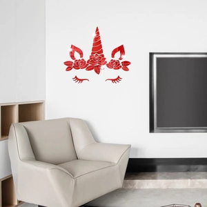 Detailed view of red mirror acrylic unicorn wall stickers with floral crown on white wall