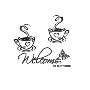 Detail of 3D acrylic coffee cup wall stickers with Welcome to our home lettering