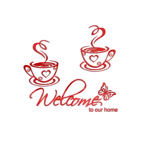 3D red acrylic mirror wall stickers featuring coffee cups and Welcome to our home text