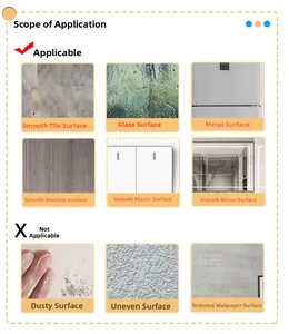 Detailed guide showing applicable surfaces like smooth tile, glass, and wood for wall stickers