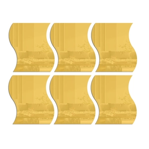 Detailed view of six golden wave-shaped acrylic mirror wall stickers with clear reflection