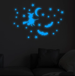 Luminous Halloween wall stickers with blue glowing witch, moon, bats and stars patterns