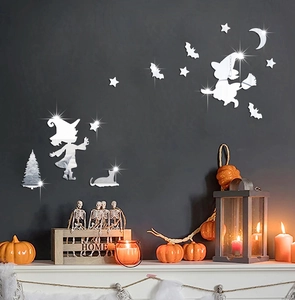 Halloween Silber Spiegel Acryl Wandaufkleber mit Hexe und Fledermaus Silhouetten Dekor