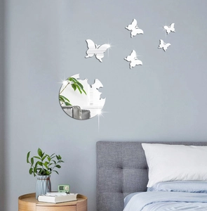 3D silver mirror butterfly wall stickers with crescent moon for modern bedroom decor