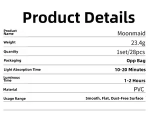 Technical specifications of PVC glow stickers showing 10-20 min light absorption time