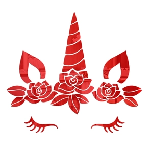 Red mirror acrylic unicorn wall sticker set with floral wreath and eyelashes for room decor