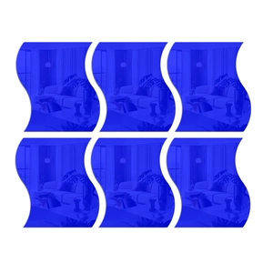 Detail of six blue wavy acrylic mirror wall stickers showing high reflective finish