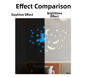 Glow-in-the-dark Halloween wall stickers showing daytime and blue nighttime effects
