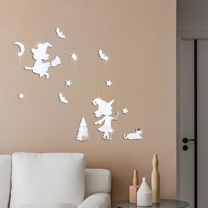 Halloween Wand-Spiegelsticker Set mit Zauberer, Mond und Fledermäusen für das Wohnzimmer
