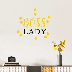 Modern Boss Lady PVC wall sticker with yellow heart and black lettering for office decor