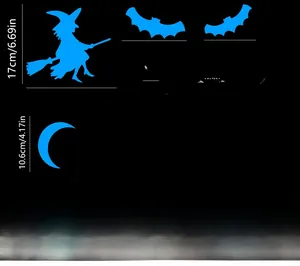Detailed blue Halloween wall decal set with witch, moon, and bats stickers dimensions