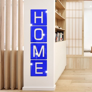 Adesivi murali 3D specchio acrilico blu con lettere HOME per decorazioni d'interni