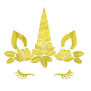 Detail of gold mirror acrylic unicorn wall stickers with floral and eyelash accents