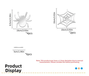 Detailed view of silver mirror acrylic spider and cobweb wall stickers with size labels