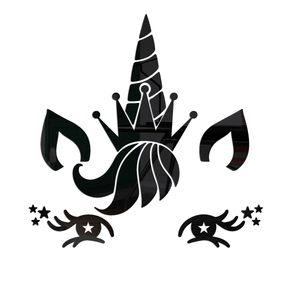 Détail de stickers muraux miroir en acrylique noir motif licorne avec cornes et cils