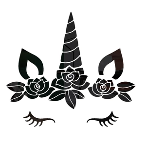Detail view of glossy black acrylic unicorn wall sticker parts with a mirror finish surface