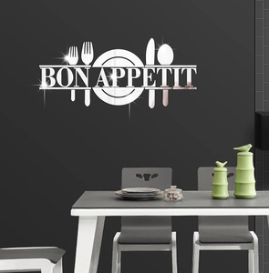 Modern acrylic silver mirror wall sticker featuring kitchen cutlery and Bon Appetit text