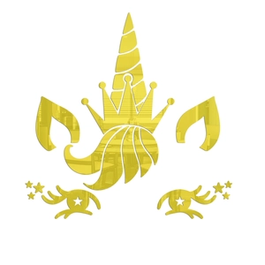 Vue détaillée des stickers muraux miroir en acrylique doré avec licorne et étoiles