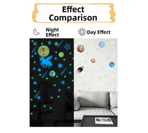 Stickers muraux fluorescents avec étoiles et licorne montrant l'effet jour et nuit