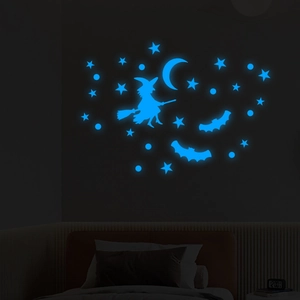 Luminous Halloween wall stickers set with blue glowing witch moon and stars