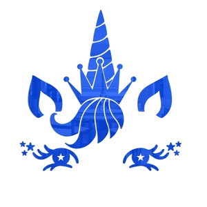 Détails de stickers muraux licorne en acrylique bleu miroir avec étoiles et couronne sur blanc