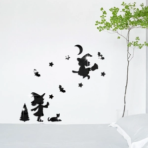 Halloween Wandtattoo Set aus schwarzem Acryl mit Hexen, Katzen und Sternen Motiven