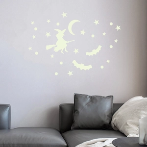 Luminous Halloween wall stickers set with moon stars and witch for home bedroom decor