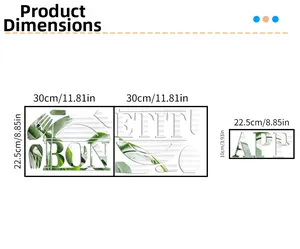 Detailed size chart for acrylic mirror wall stickers with green leaf lettering
