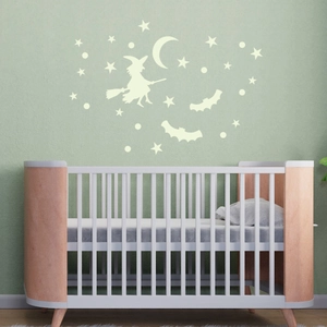 Luminous Halloween wall decals featuring witch, moon, and stars for kids room decor