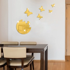 Golden 3D mirror butterfly wall stickers with round acrylic piece for home decoration